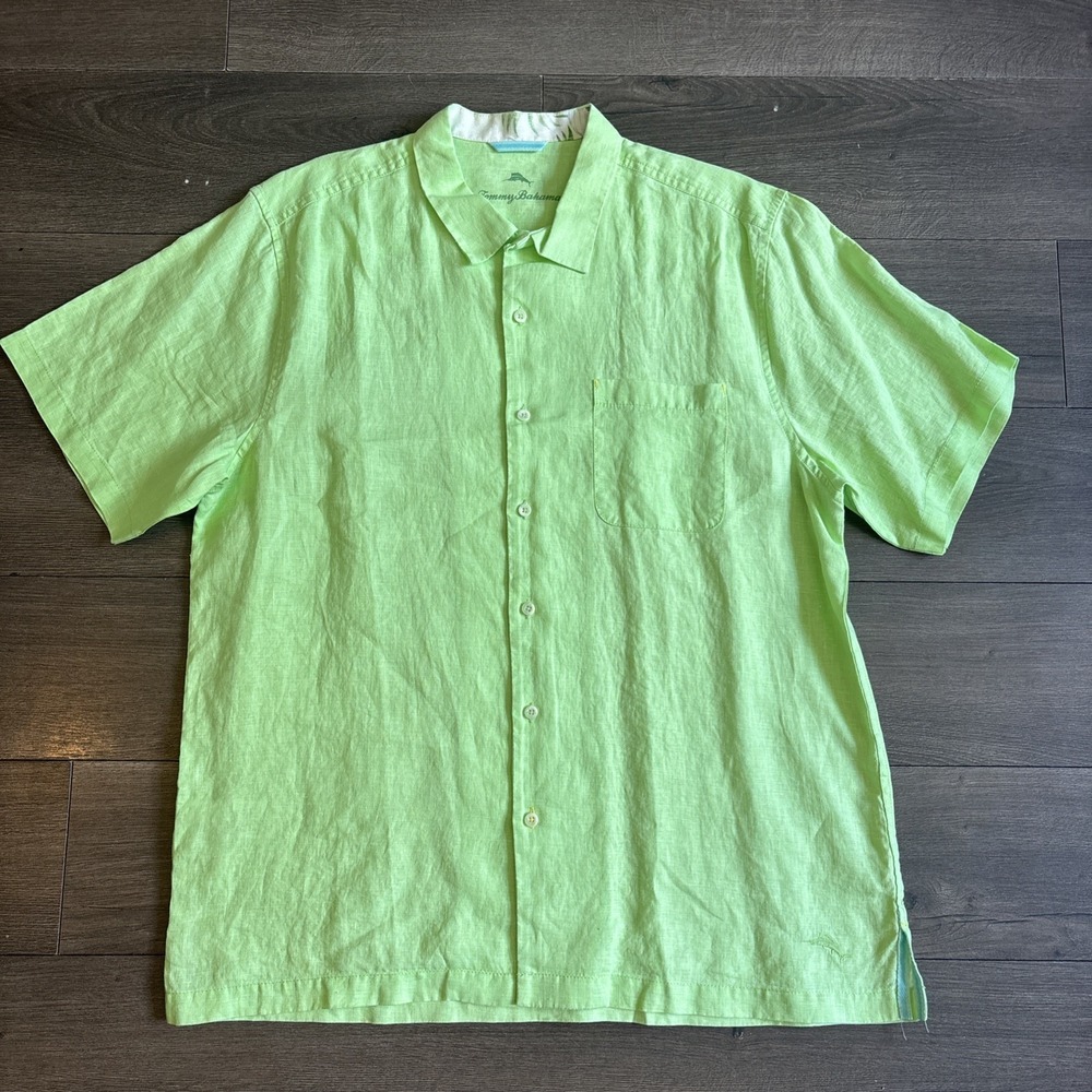 Tommy Bahama Men's Large Linen Button Down Shirt Lime Green Casual‎ Lightweight